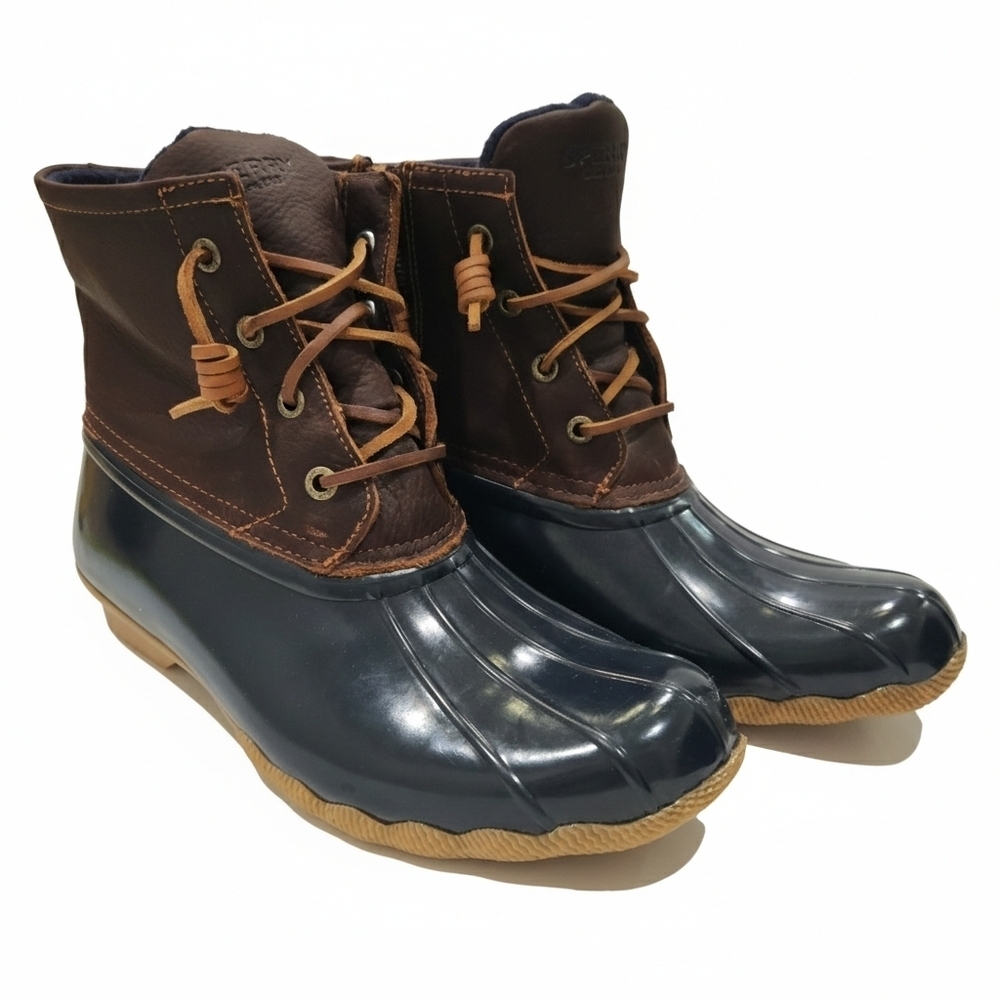 Sperry Women's Saltwater Duck Boots - Navy & Brown Waterproof Leather - Size 9.5 - Picture 2 of 8
